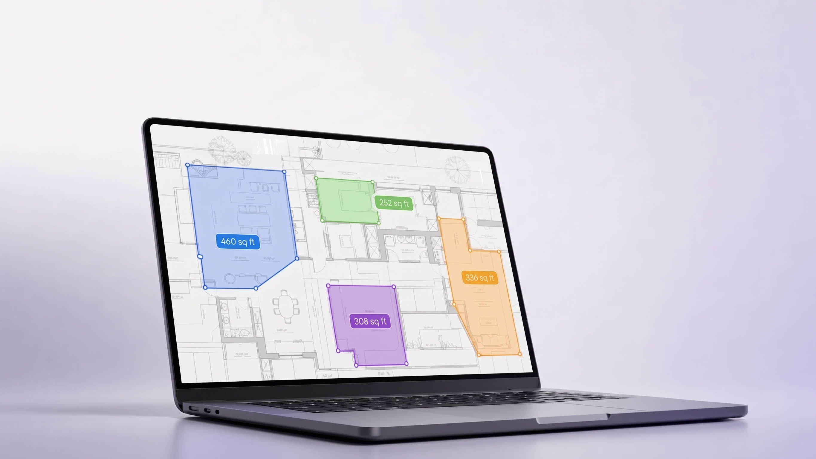 Bluecost construction estimating software measuring areas on a PDF blueprint inside a laptop