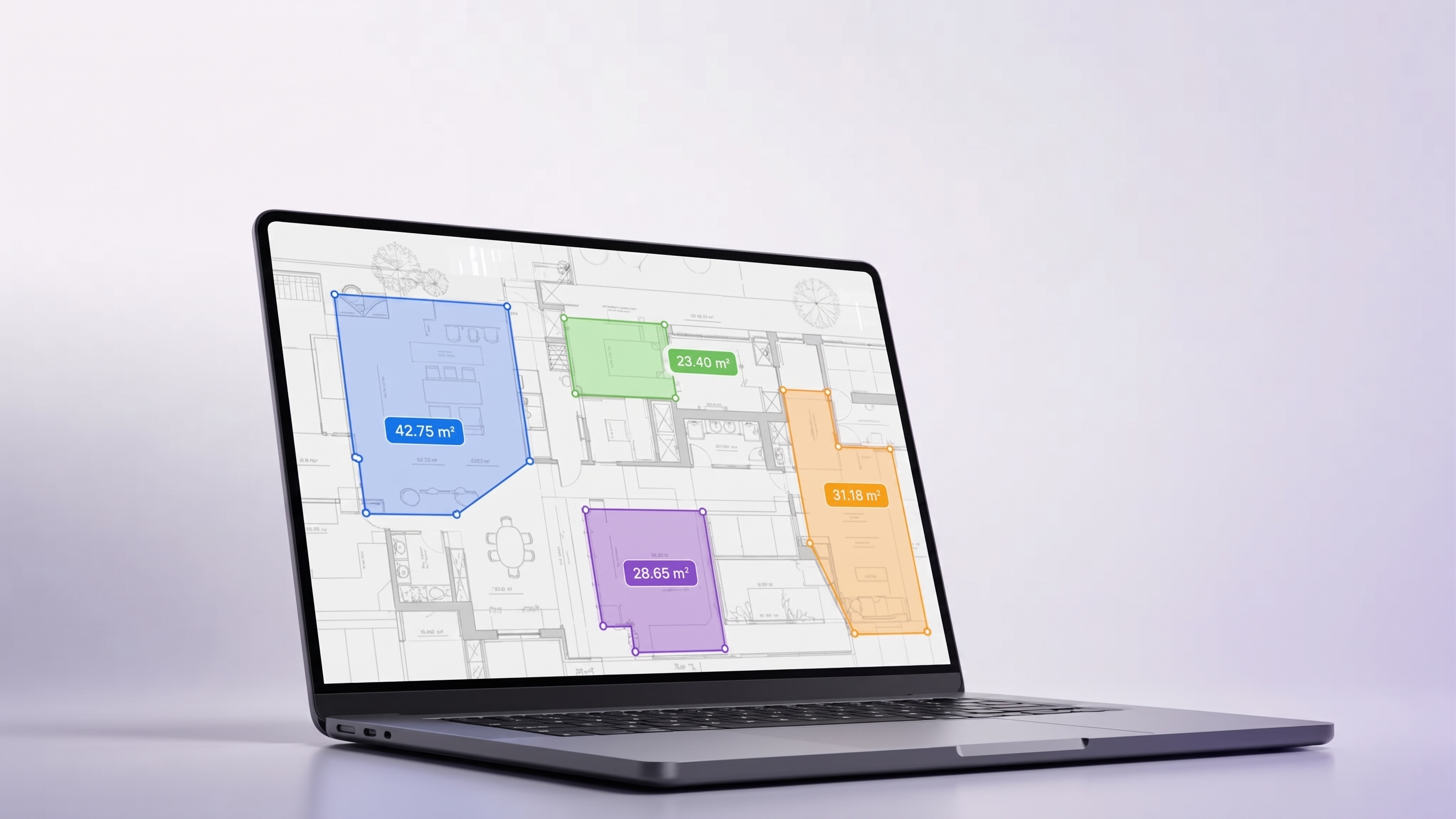 Software de presupuestos Bluecost midiendo áreas sobre un plano PDF dentro de una laptop